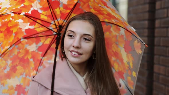 Charming young long haired woman under umbrella walking the street of megapolis