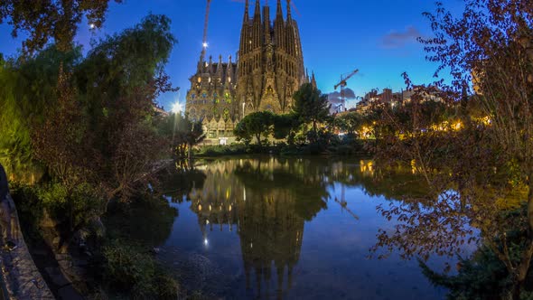 Sagrada Familia a Large Church in Barcelona Spain Day To Night Timelapse