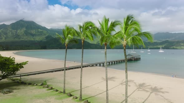 Aerial View Alone Woman Walking By Hanalei Beach Pier with Kauai Landscape View