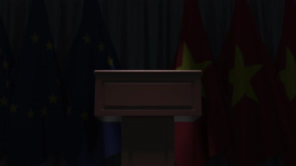 Flags of Vietnam and the EU at International Meeting