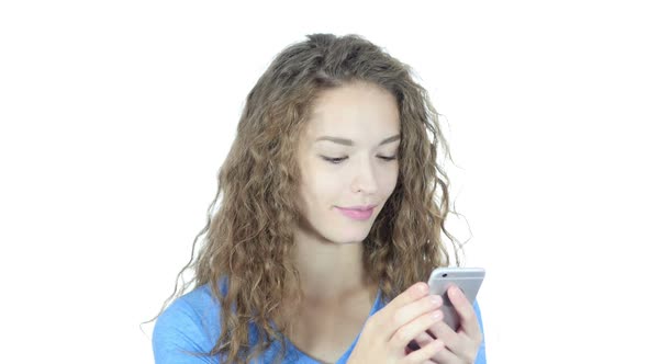 Woman Busy Using Smartphone, White Background