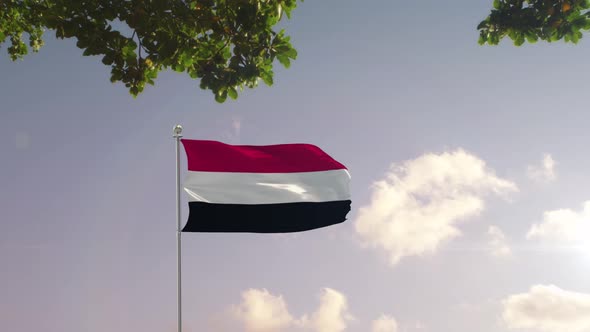 Yemen Flag With  Modern City 