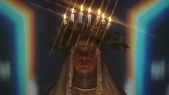 Man Wearing Candle Lit Wreath and Veil