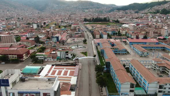 4k daytime aerial drone footage over Avenida de la Cultura boulevard in Cusco, Peru during Coronavir