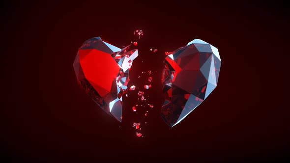 Broken Heart Abstract Animation with Breaking Ruby Crystal Heart on Dark Background