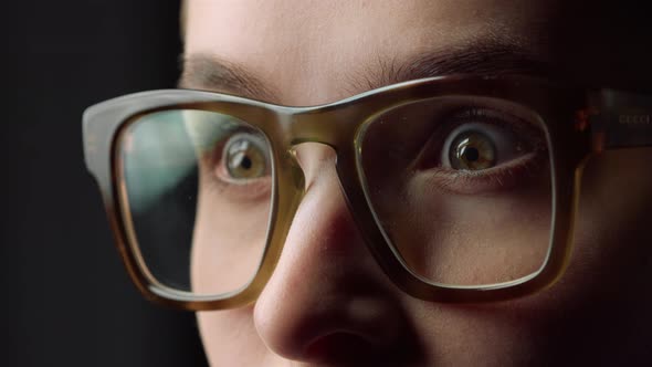 Macro Portrait of Surprising Young Business Woman Opening Eyes Widely in Office