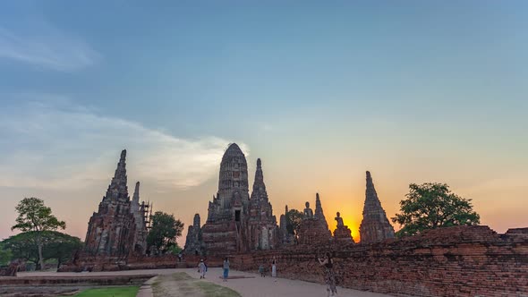 Time Lapse Sunset Behind The Ruins Pagoda Of Wat Ckaiwatthanaram.