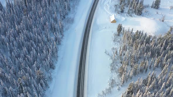 Highway Through the Winter Forest Aerial Photography From UAVs