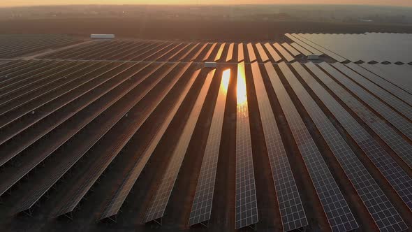 Aerial Drone View Into Large Solar Panels at a Solar Farm at Bright Sunset. Solar Cell Power Plants