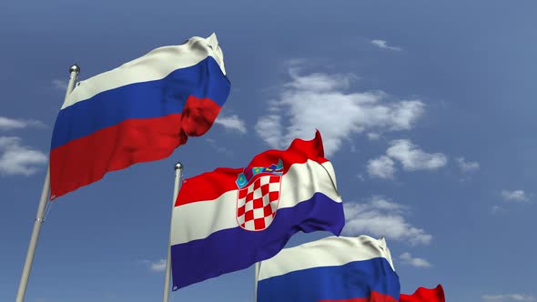 Row of Waving Flags of Croatia and Russia