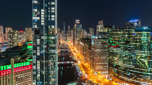 Chicago Cityscape and Riverwalk - Night Time Lapse