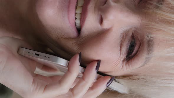 Vertical View Half of Female Wrinkled Skin Face Close Up Caucasian Happy Satisfied Old Senior Woman