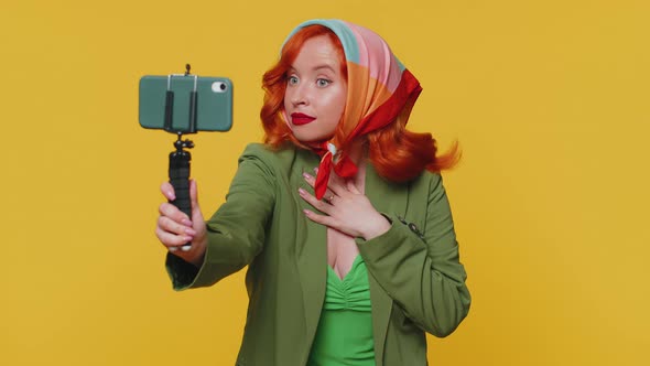 Girl Blogger Take Selfie on Mobile Phone Selfie Stick Communicate Video Call Online with Subscribers