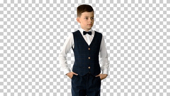 Young boy in bow tie and suit holding, Alpha Channel