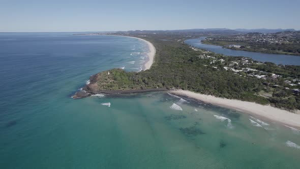 Scenic Landscape Of Fingal Head In New South Wales, Australia At Daytime - aerial drone shot
