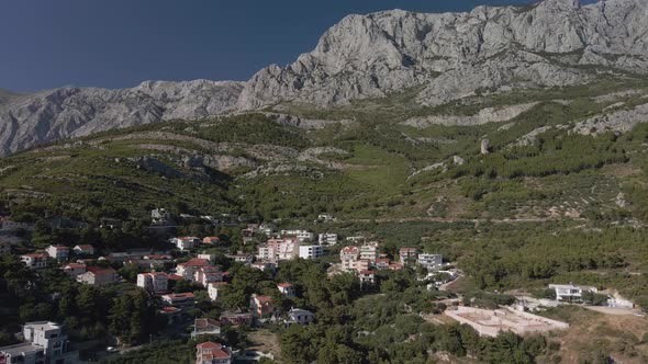 Aerial View of the Town of Krvavica and the Mountain Next to It