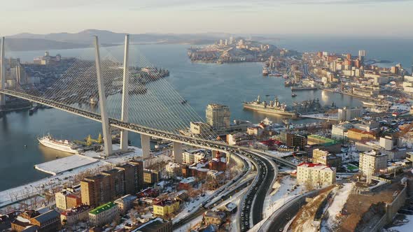 Winter View From a Drone on the Golden Bridge and the City at Sunrise