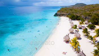 Curacao, Playa Cas Abao in Curacao a white beach with a blue turqouse colored ocean Drone aerial view