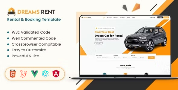 Dreams Rent – Car Rental Booking Management Bootstrap Template (HTML, Angular, Laravel, Vue, React)
