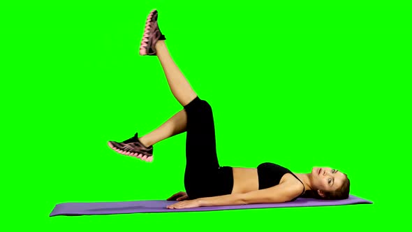 Fitness Woman Doing Strength Exercises for Abdominal Muscles, Gym, Green Screen