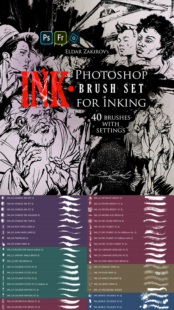 INK. 40 Photoshop Brushes for Inking + Photoshop Action