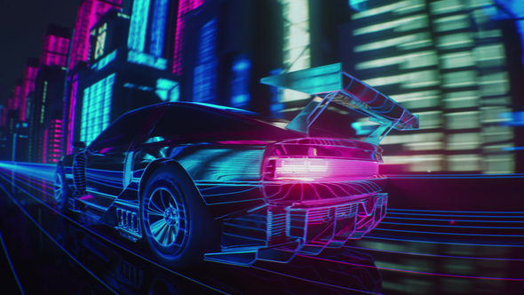 Loop of a Cyber Neon Car Through the Night City in Skyscrapers