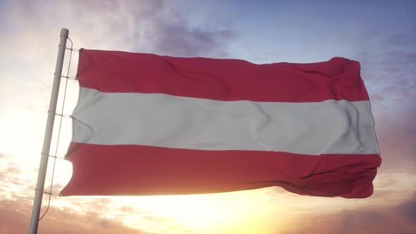 Flag of Austria Waving in the Wind Sky and Sun Background