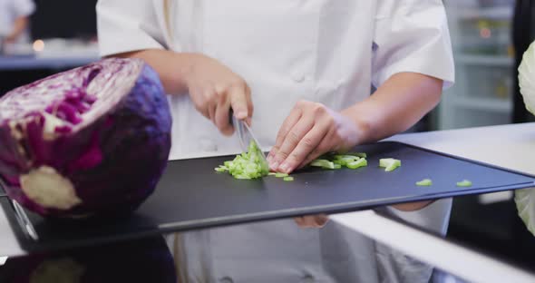 Caucasian female cook working in a restaurant kitchen,slicing celery on a cutting board