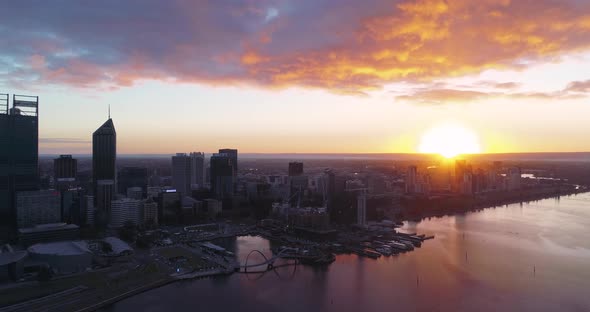 Aerial views in Perth, Western Australia. City views. Morning Sunrise color with city in background.