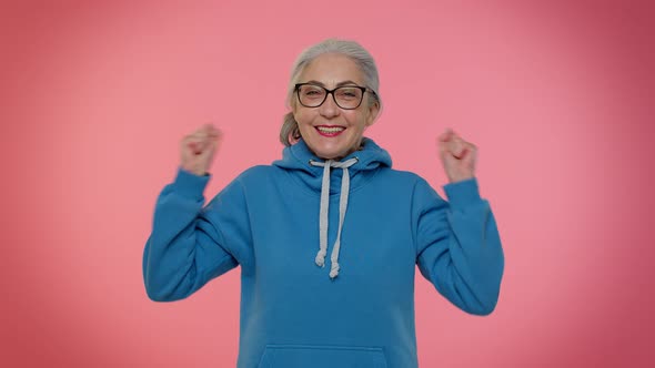 Elderly Old Woman Granny Celebrate Success Win Scream Rejoices Doing Winner Hands Gesture Say Yes