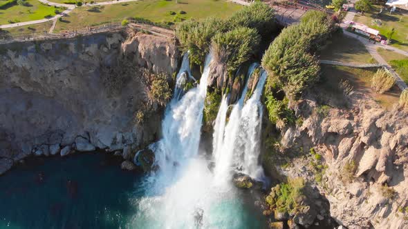 Top View of a High Waterfall Falling Into the Mediterranean Sea. Clean Ecology 