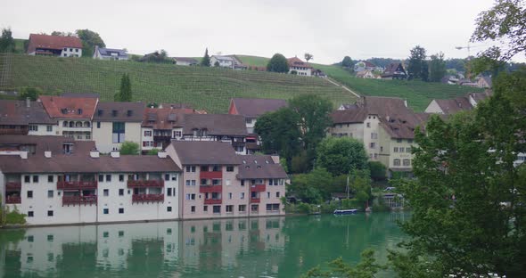 Scenic view old european town on border of Balvaria Germany and Switzerland  alongside the Rhine riv