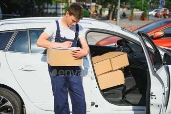 Young Delivery Man Checking List On Clipboard In car