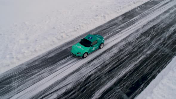 Aerial View of a Racing Car at an Ice Rally