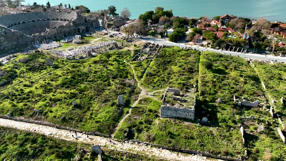 Ruins of an ancient city aerial view 4 K Turkey Side