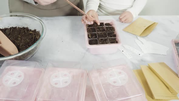 Little girl helping planting seeds in seed propagator with soil.