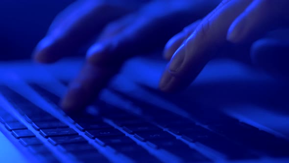 Close Up of Hands of Business Person Working on Computer, Man Using Internet and Social Media Blue