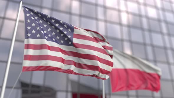 Waving Flags of the USA and Poland in Front of a Skyscraper alt