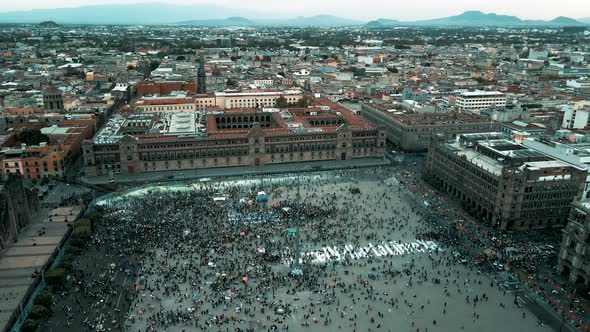 Rotational view from a drone of womans day rights march in Mexico city 2021