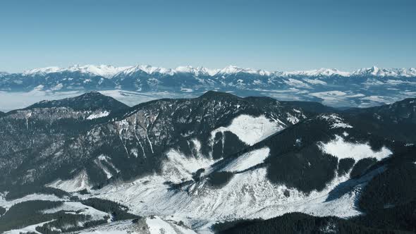 Aerial View of the Snowy High Tatras Mountains in Clear Weather. Slovakia, Chopok