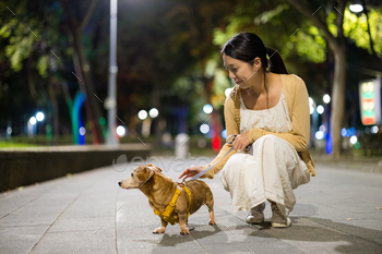 Woman go for a walk with her dog at night