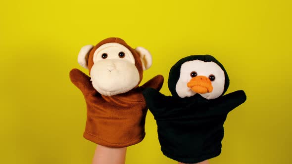 Soft Puppet Toys on Hands on Yellow Background