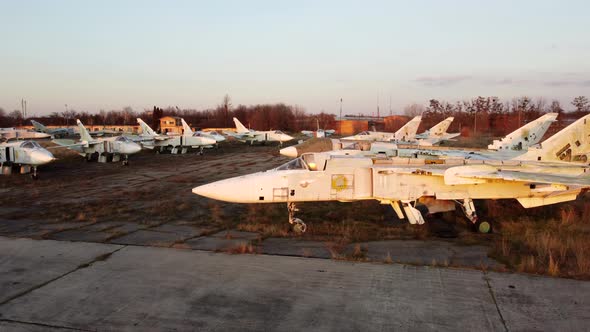 Aerial Drone View Flight Over Parking Lot of Old Dismantled Aircraft