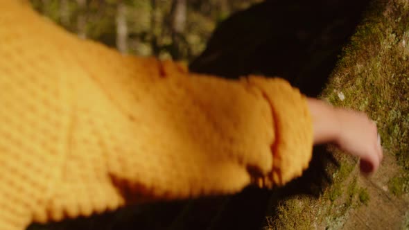 Woman is Putting Hand Wearing Ring to the Tree Trunk Covered with Moss and Stroking the Wood