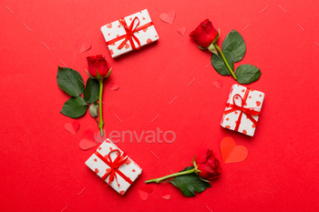 Heart made of rose, git box, heart and blank greeting card mockup