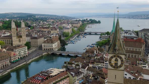 Drone view of Sankt Peterkirche church in Zurich, Switzerland, Europe