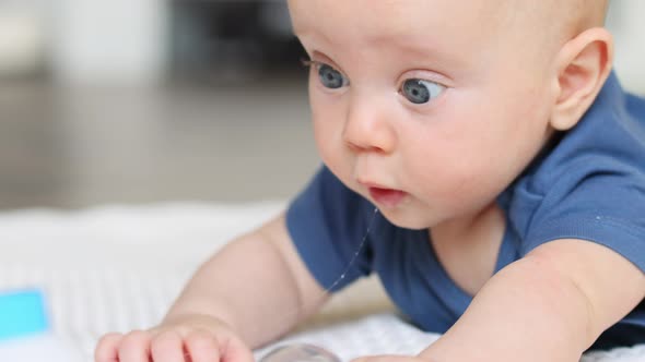 4 Months Baby Infant Lying on Stomach on Floor in Living Room Trying to Crawl