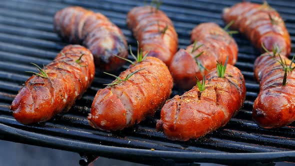 Delicious and tasty sausage on grill with spices and herbs in summer