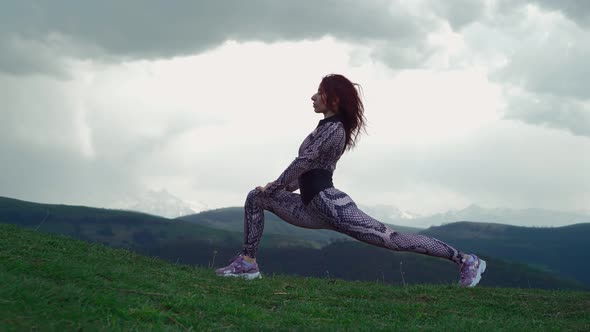 Athletic Girl Practices Yoga Against Backdrop Stunning Mountain Landscape