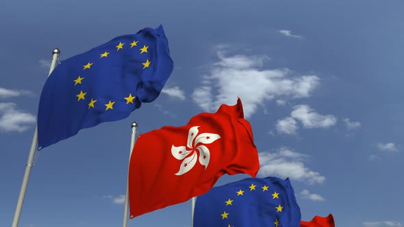 Row of Waving Flags of Hong Kong and the EU